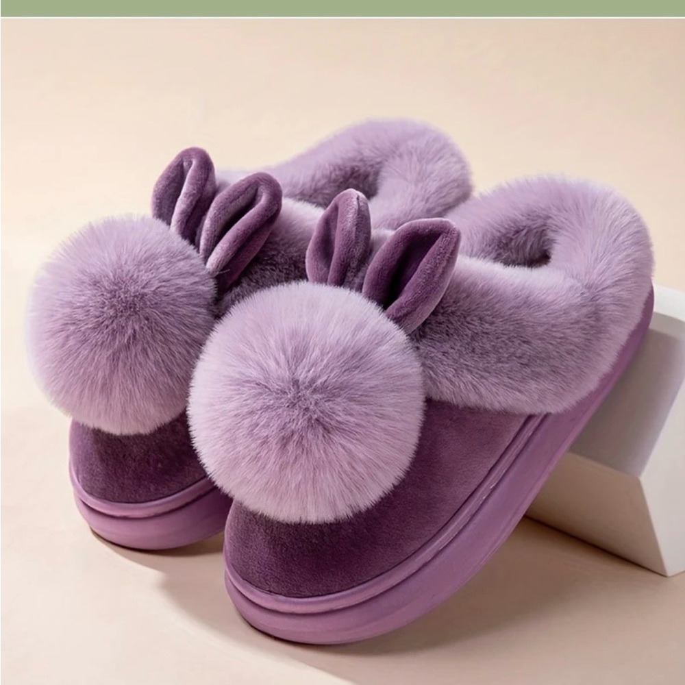 Plush Purple Pom-Pom Slippers
